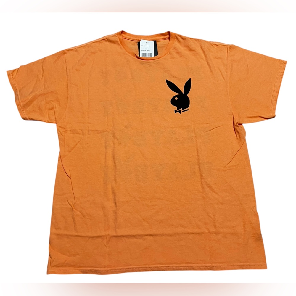 PLAYBOY men’s graphic print shirt orange Tee‎ Black Logo size medium